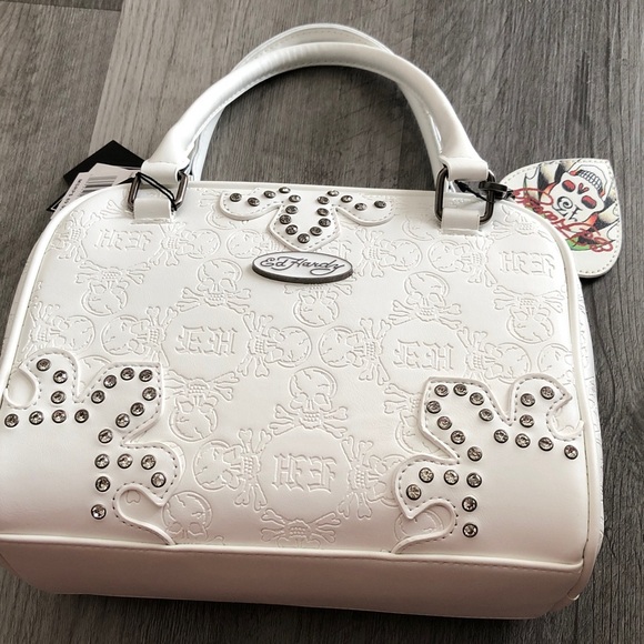 Ed Hardy White Faux Leather Satchel Embossed Skull & Rhinestones Bag Charm NWT - Picture 4 of 16